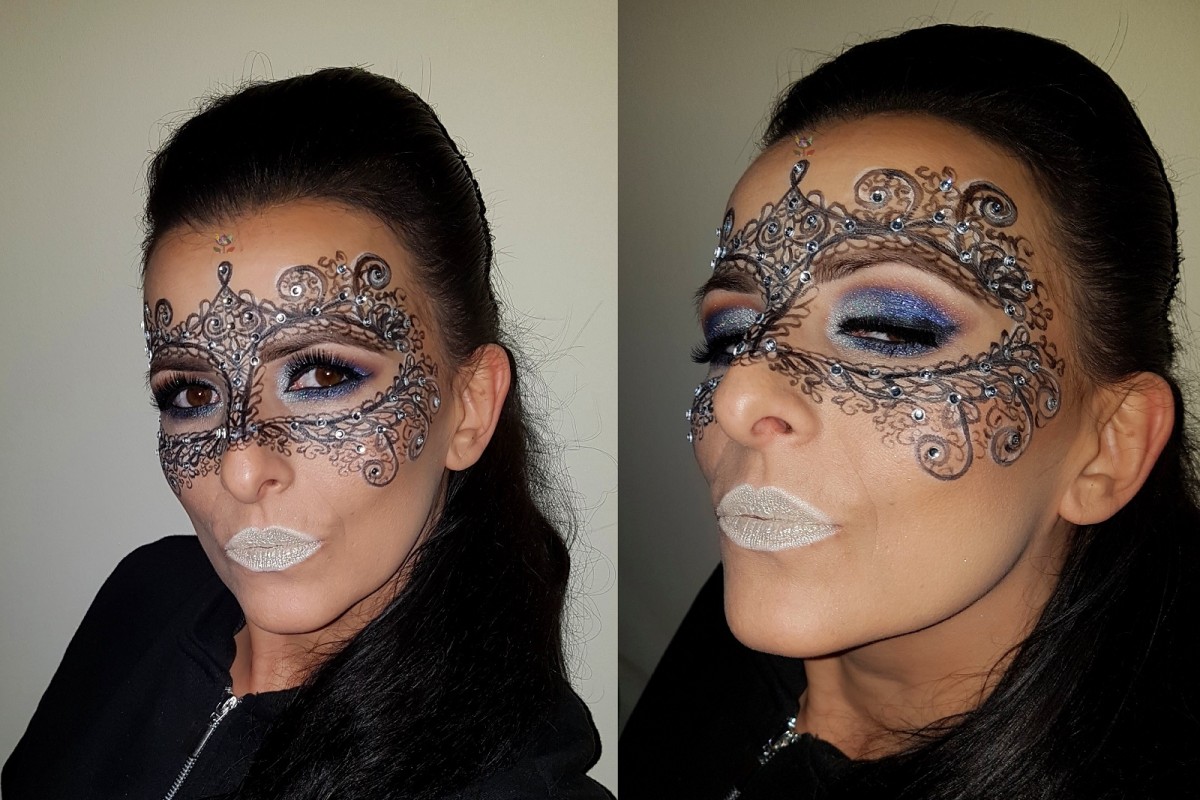 Masquerade carnival lace silver navy blue glitter makeup plus silver lips