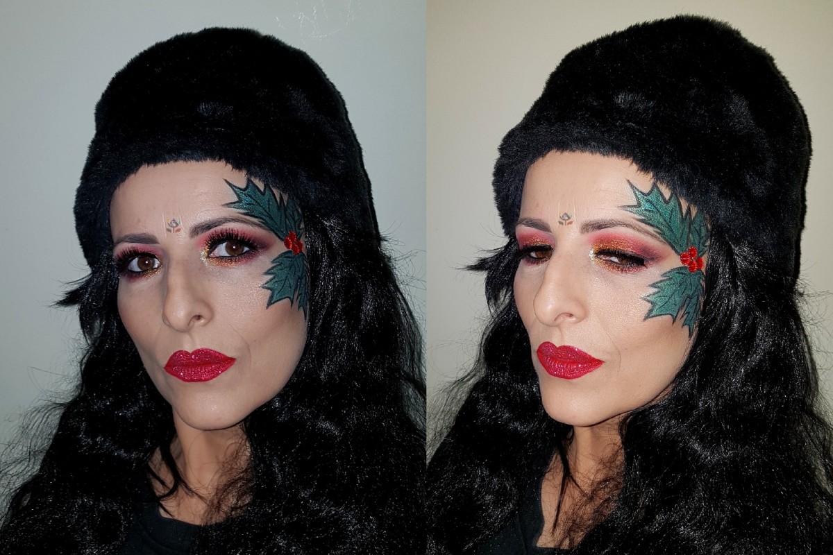 glitter red lips holly bush Christmas makeup