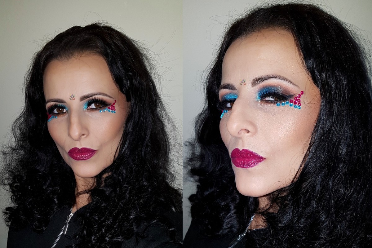 festival makeup, blue brown glitter germs makeup