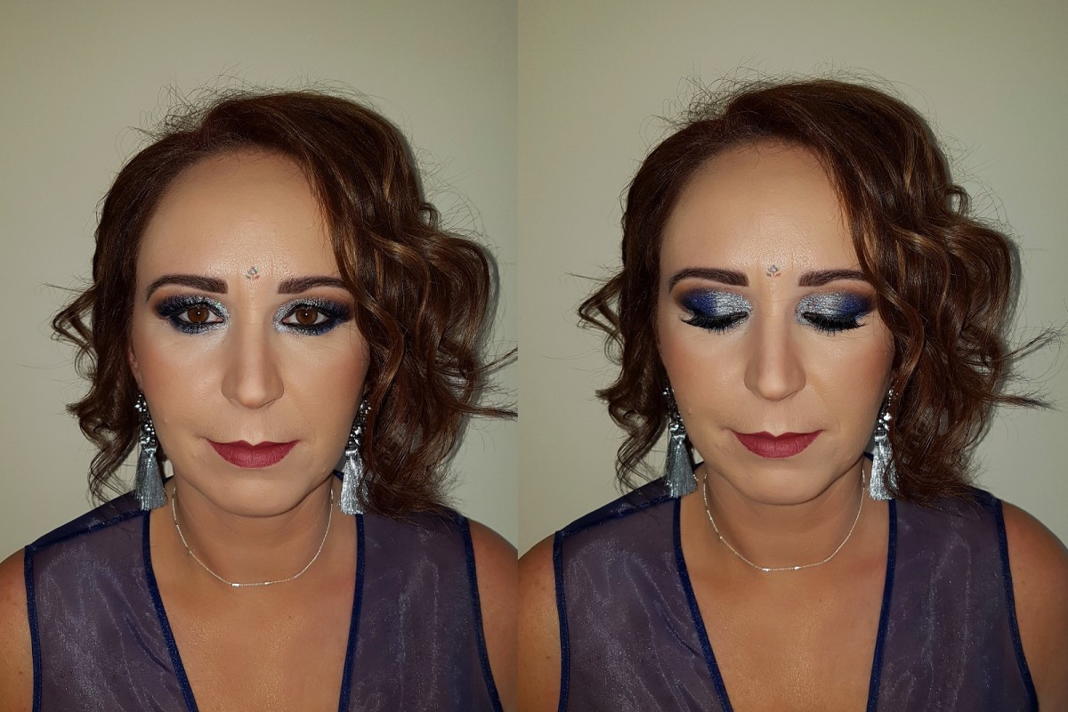 Silver and navy blue glitter party special occasion evening makeup