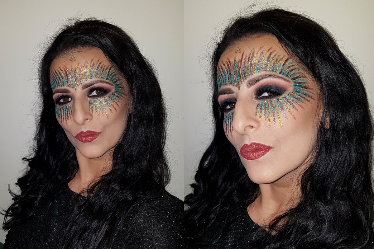 colorful glitter carnival festival masquerade mask makeup, bottle green black smokey eyes