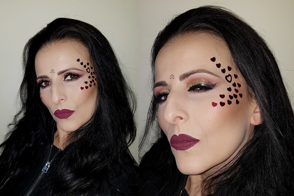 Valentine's Day makeup idea, hearts, matte burgundy lips