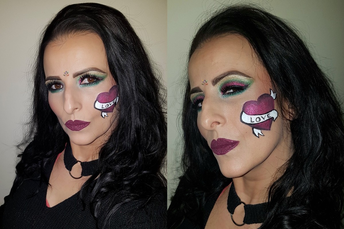 heart with banner Valentine's Day makeup idea, glitter fuchsia green eyes burgundy lips